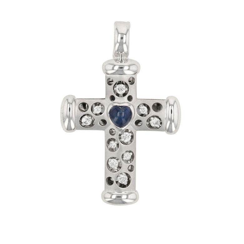 Croix saphir 0.54 carat et diamants 0.32 carat or blanc 9.80g Comme neuf -  reconditionné disponible sur Gemme Les Bijoux